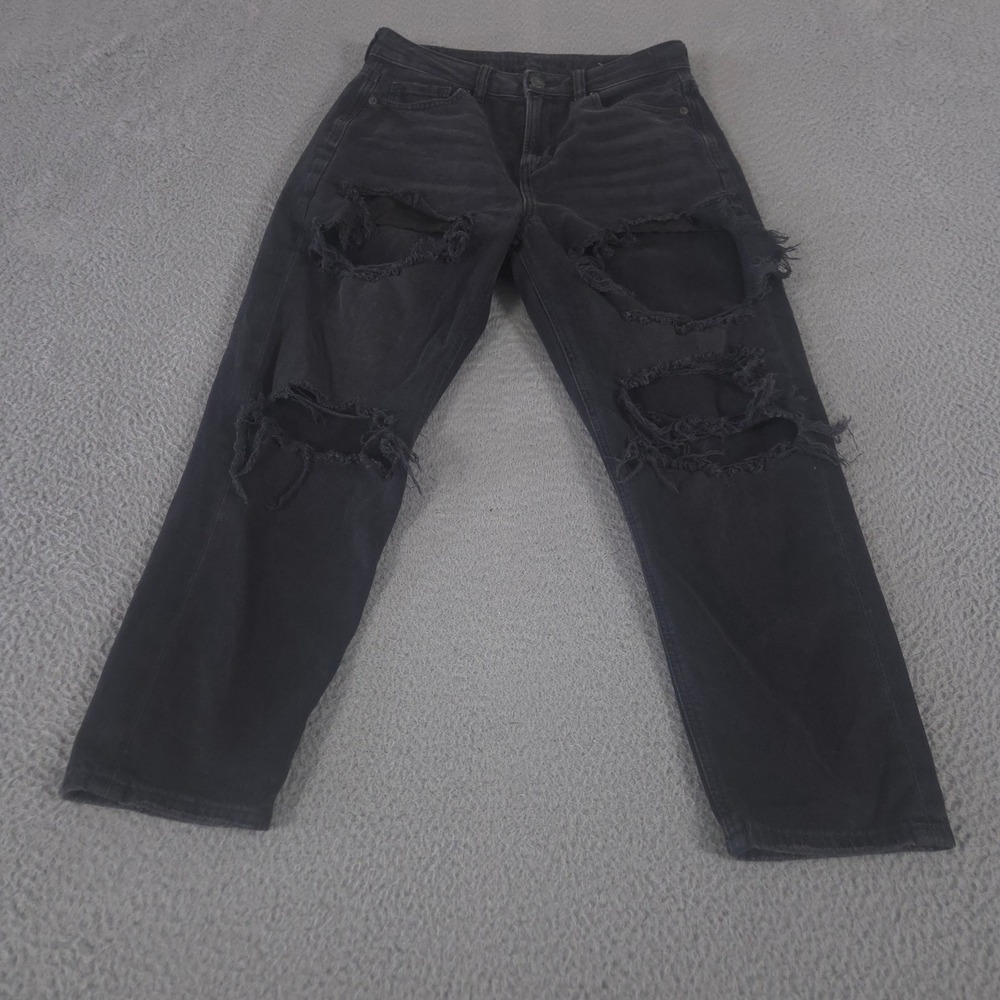 American Eagle Jeans Womens 4 Black Mom Jean Tapered Distressed Shredded Denim